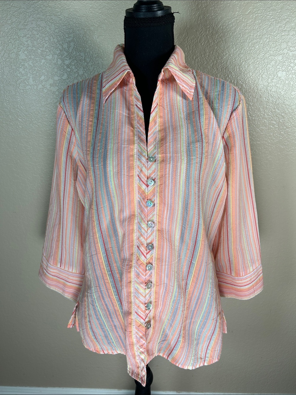 JH Collectibles Peach Multicolor Button Front Blouse Size L Vintage